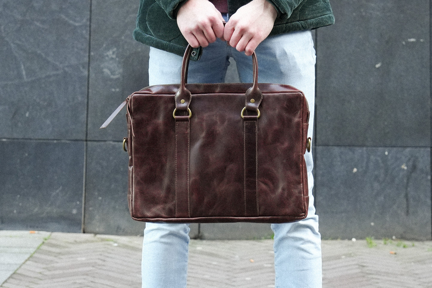 Leather Laptop Bag 'Loga' - Brown Glossy